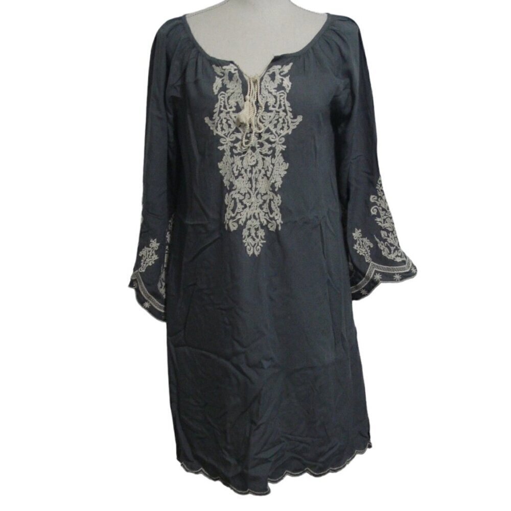 CHIC CONNECTION Boho Dress Women's Size Medium Gray White Embroidery Bell Sleeve